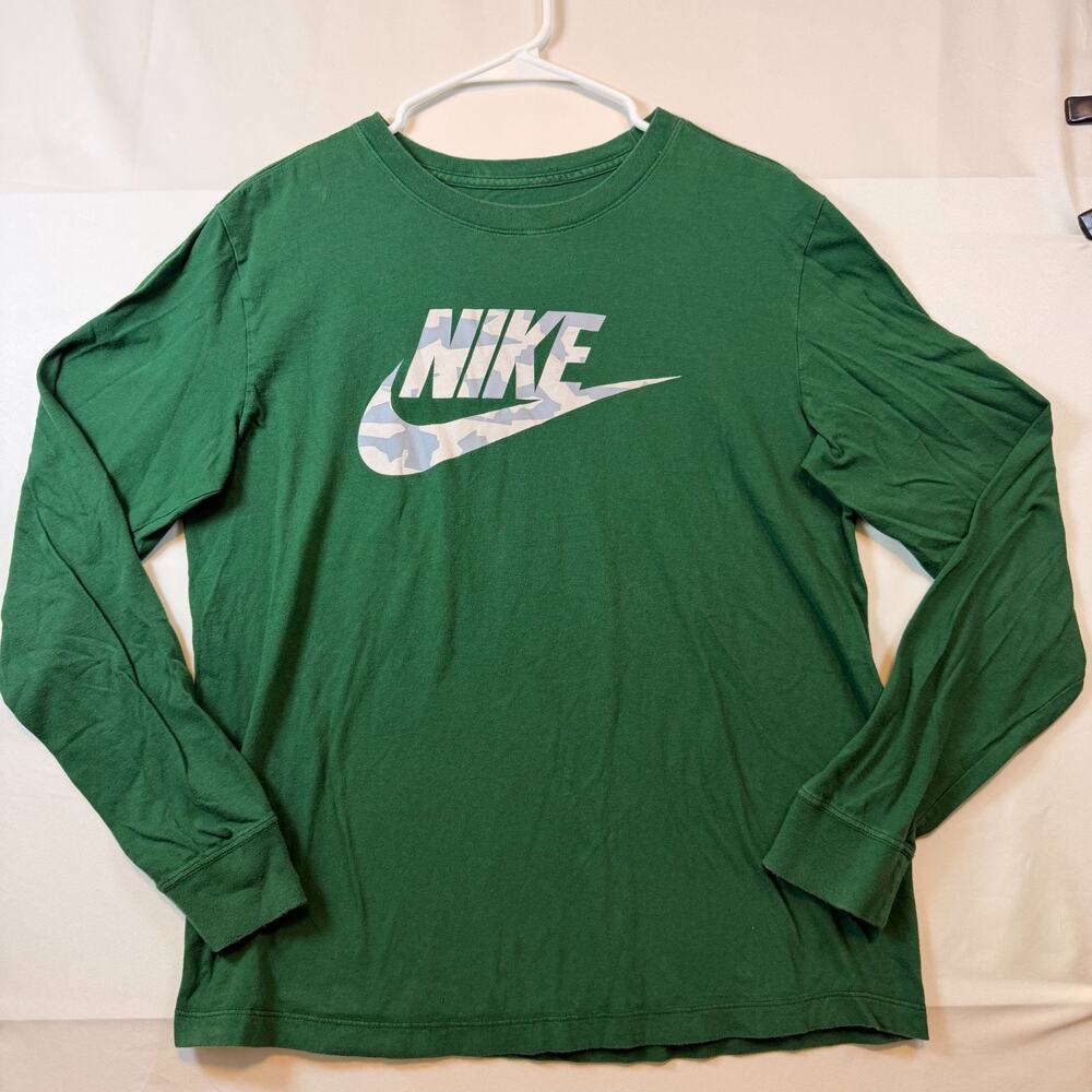 NIke Green Camo Logo Long Sleeve T Shirt Mens Size Medium